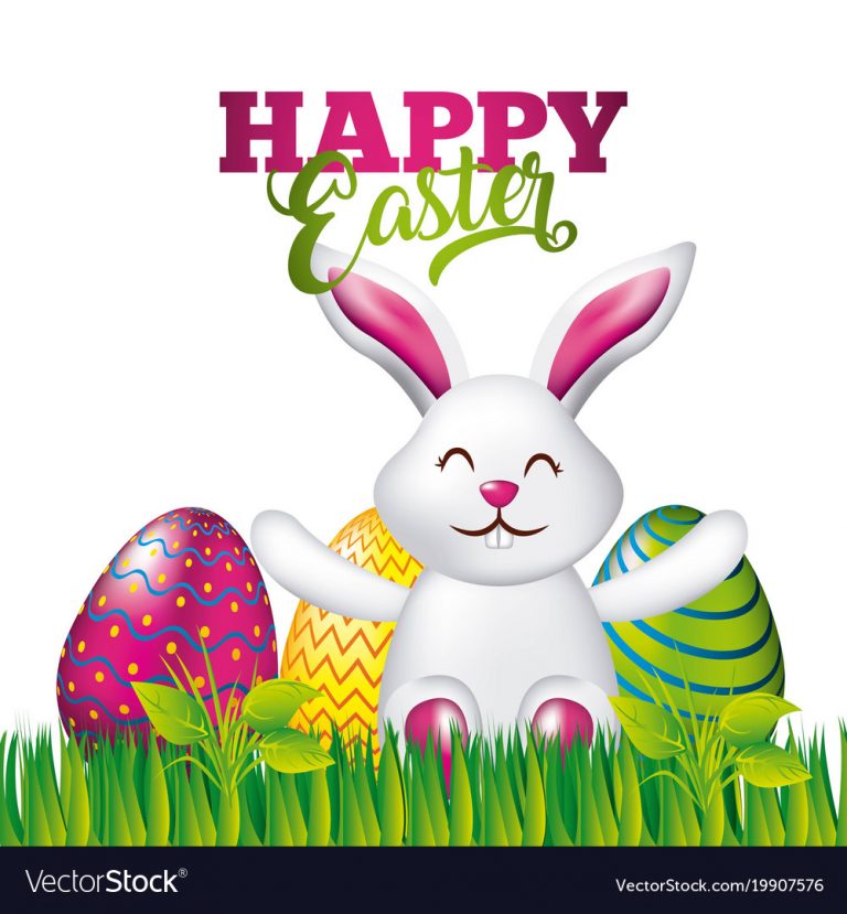 happy easter card white rabbit sitting with colorful eggs in grass